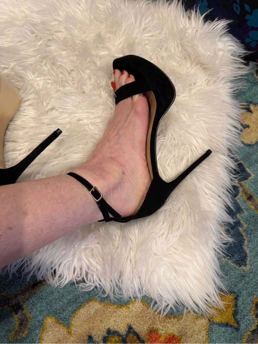 Shoe Dazzle Black Ankle-Strap Heeled Sandals with Orange Toenail Pop
